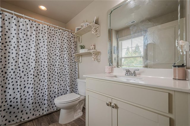 285 Turtle Rock Pl, Acworth, GA 30101 - bathroom with toilet, vanity, wood finished floors, curtained shower, and recessed lighting