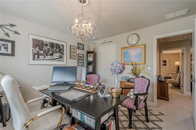 285 Turtle Rock Pl, Acworth, GA 30101 - office with light colored carpet, attic access, a chandelier, and baseboards
