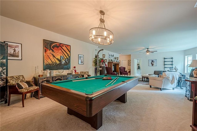 285 Turtle Rock Pl, Acworth, GA 30101 - game room featuring carpet flooring, a chandelier, ceiling fan, and billiards