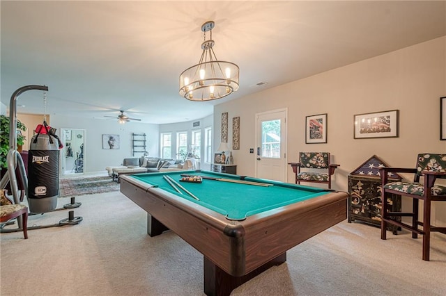 285 Turtle Rock Pl, Acworth, GA 30101 - game room featuring carpet, a chandelier, billiards table, and ceiling fan