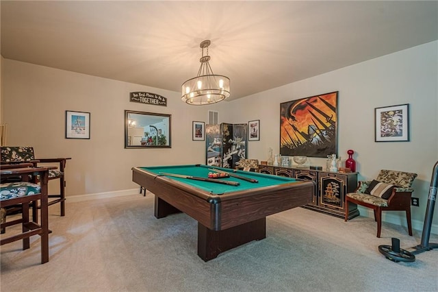 285 Turtle Rock Pl, Acworth, GA 30101 - game room with light carpet, billiards table, a chandelier, and baseboards