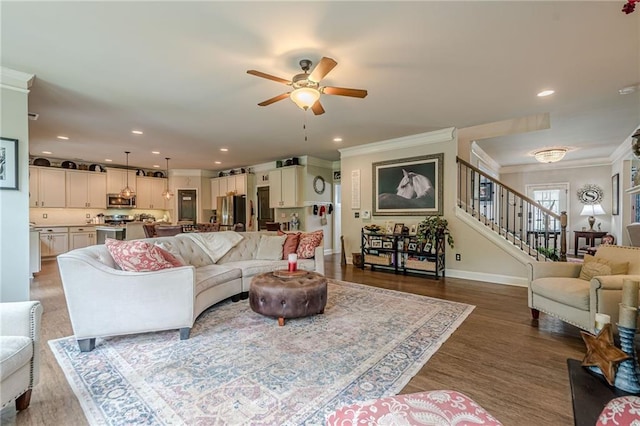 285 Turtle Rock Pl, Acworth, GA 30101 - living area featuring ornamental molding, ceiling fan, stairs, baseboards, and recessed lighting