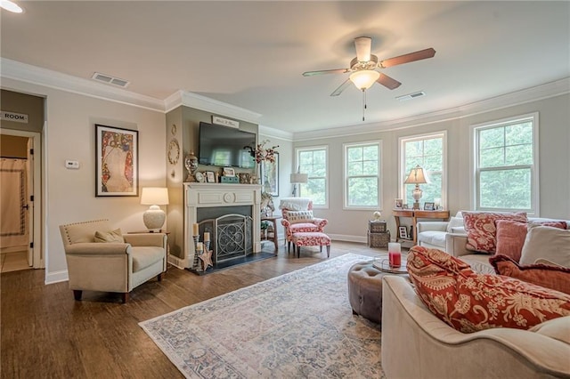285 Turtle Rock Pl, Acworth, GA 30101 - living room featuring baseboards, crown molding, wood finished floors, ceiling fan, and a fireplace