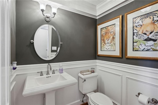 bathroom featuring a sink, ornamental molding, wainscoting, a decorative wall, and toilet