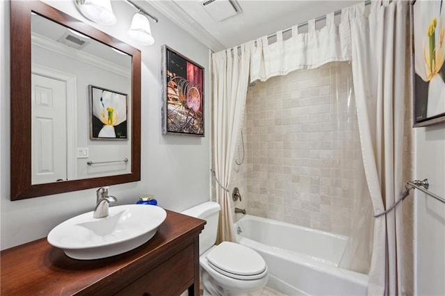 bathroom featuring visible vents, shower / tub combo, toilet, and crown molding