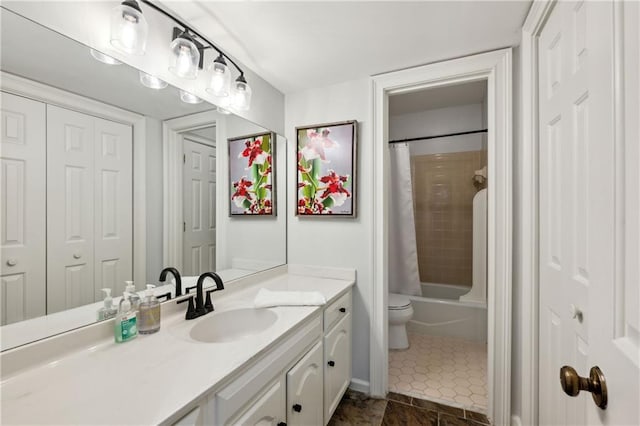 bathroom with vanity, shower / tub combo with curtain, toilet, and tile patterned flooring