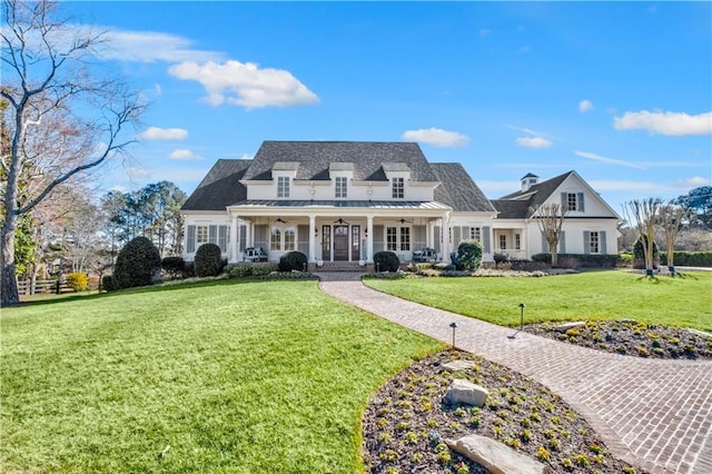 view of front of property with covered porch, metal roof, a front lawn, and a standing seam roof