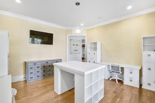 home office featuring recessed lighting, crown molding, and light wood-style flooring