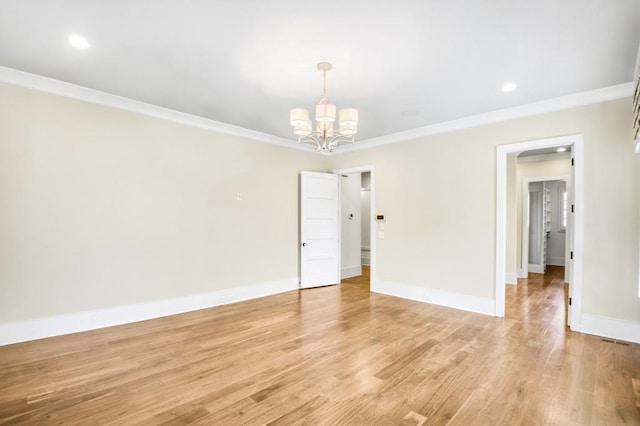 unfurnished room with a chandelier, recessed lighting, light wood-style floors, baseboards, and ornamental molding