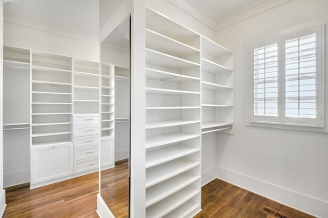 spacious closet featuring dark wood-style flooring and visible vents