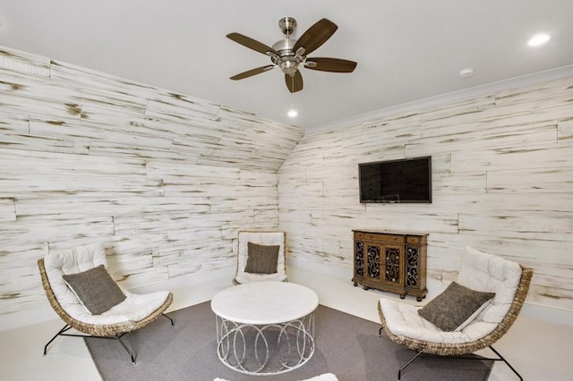 unfurnished room with a ceiling fan, lofted ceiling, and recessed lighting