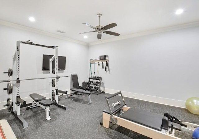 workout room featuring baseboards, ornamental molding, visible vents, and recessed lighting