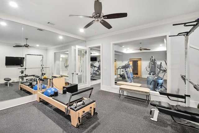 workout area featuring ornamental molding, visible vents, and recessed lighting