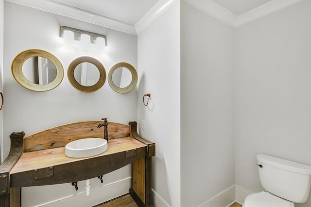 half bath with toilet, baseboards, ornamental molding, and a sink