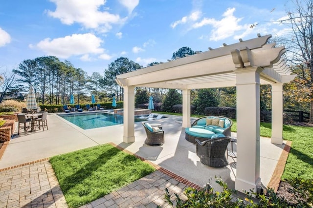 view of pool with a pool with connected hot tub, a patio, an outdoor hangout area, and a pergola