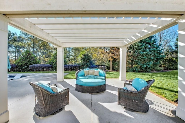 view of patio / terrace featuring outdoor lounge area and a pergola