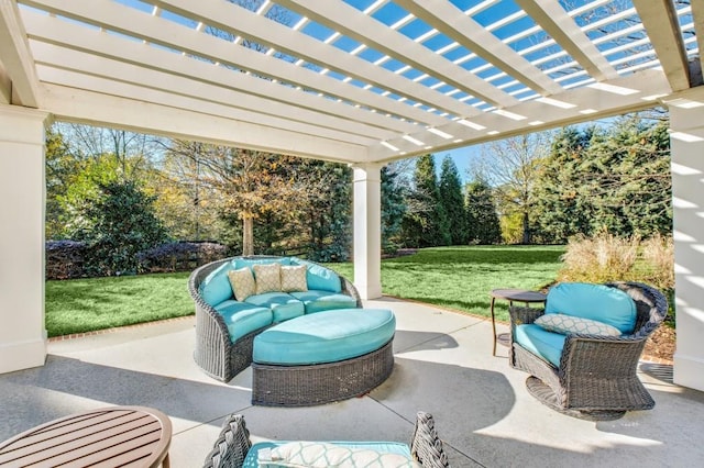 view of patio / terrace featuring an outdoor hangout area and a pergola