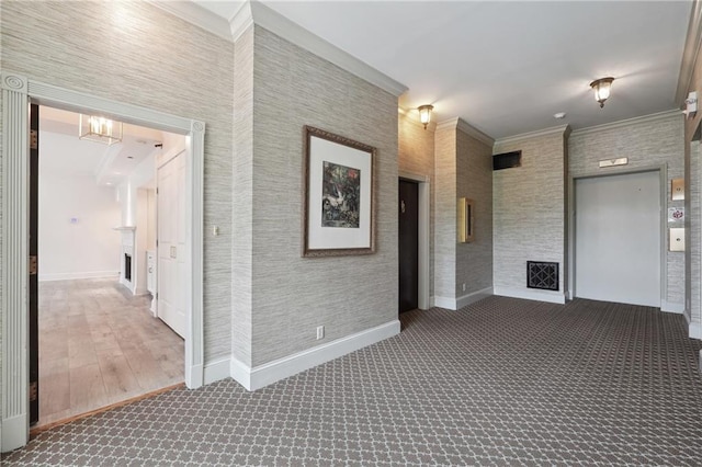 3636 Peachtree Rd NE Unit 405, Atlanta, GA 30319 - corridor featuring crown molding, a chandelier, carpet, and elevator