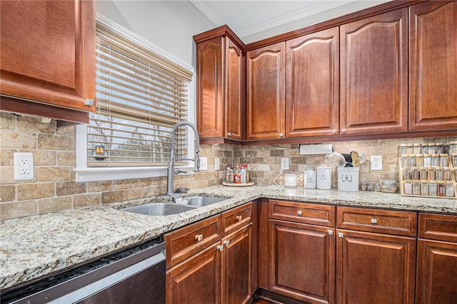 6350 Old Wood Hollow Way, Buford, GA 30518 - kitchen with stainless steel dishwasher, ornamental molding, light stone counters, and tasteful backsplash