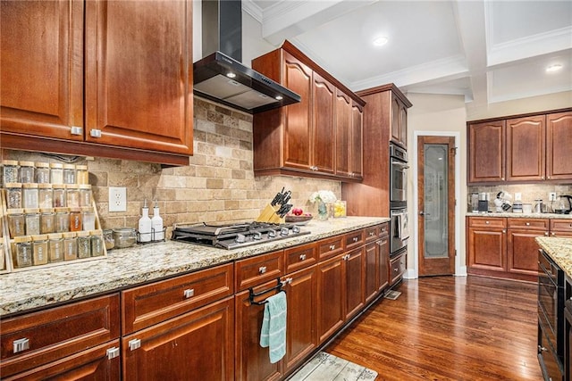 6350 Old Wood Hollow Way, Buford, GA 30518 - kitchen featuring wall chimney exhaust hood, stainless steel appliances, beam ceiling, light stone countertops, and tasteful backsplash