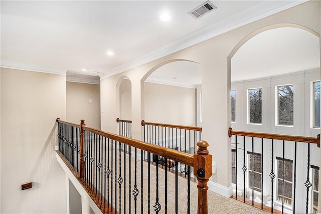 6350 Old Wood Hollow Way, Buford, GA 30518 - hallway with recessed lighting, an upstairs landing, and crown molding