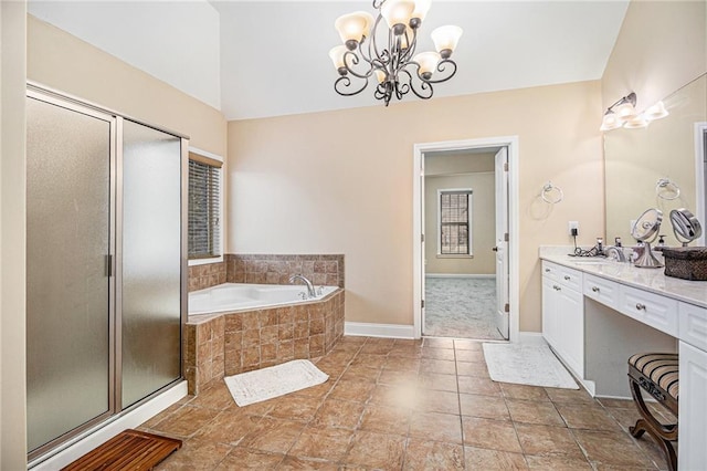6350 Old Wood Hollow Way, Buford, GA 30518 - full bath with vanity, a bath, a chandelier, and a shower stall