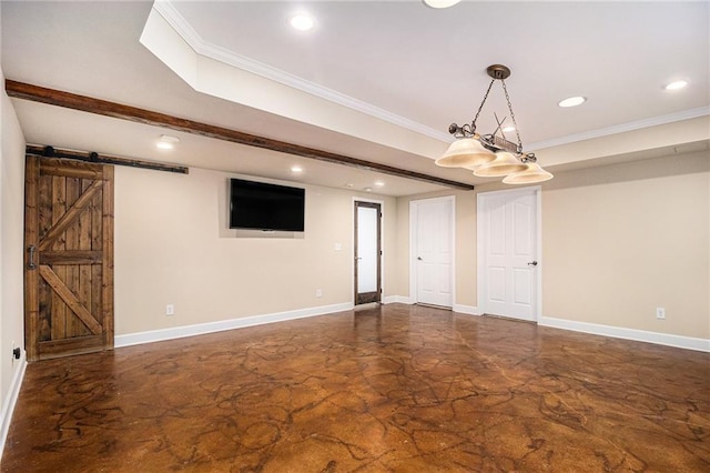 6350 Old Wood Hollow Way, Buford, GA 30518 - unfurnished room with ornamental molding, concrete flooring, a barn door, and recessed lighting