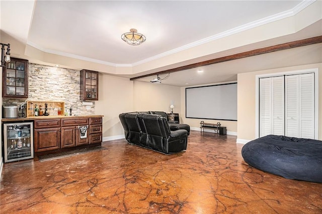 6350 Old Wood Hollow Way, Buford, GA 30518 - home theater room with wine cooler, a dry bar, ornamental molding, and finished concrete flooring