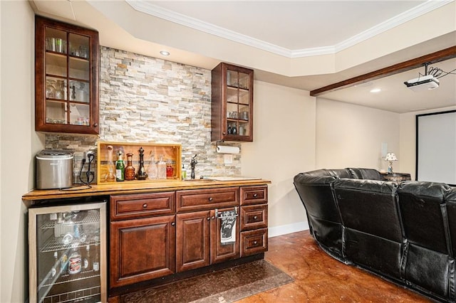 6350 Old Wood Hollow Way, Buford, GA 30518 - cinema featuring beverage cooler, a dry bar, ornamental molding, and finished concrete flooring