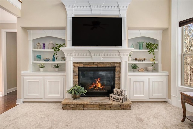6350 Old Wood Hollow Way, Buford, GA 30518 - detailed view of a stone fireplace, carpet floors, and built in features