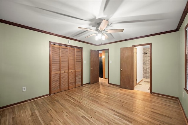unfurnished bedroom featuring baseboards, ceiling fan, a closet, and light wood-type flooring
