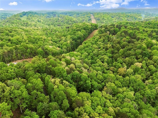 drone / aerial view featuring a wooded view