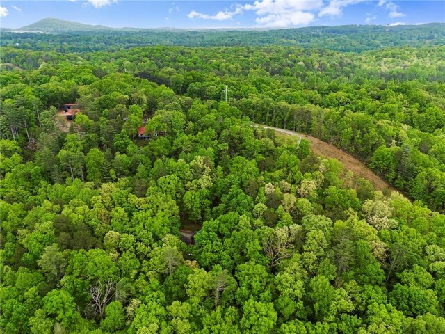 aerial view featuring a wooded view