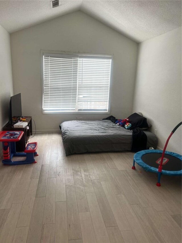 116 Madeline Ct, Mcdonough, GA 30253 - bedroom with wood finished floors, lofted ceiling, and a textured ceiling