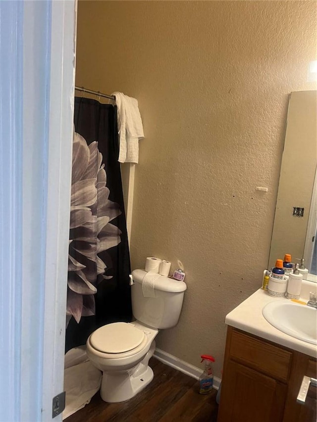 116 Madeline Ct, Mcdonough, GA 30253 - bathroom featuring wood finished floors, toilet, vanity, baseboards, and a textured wall