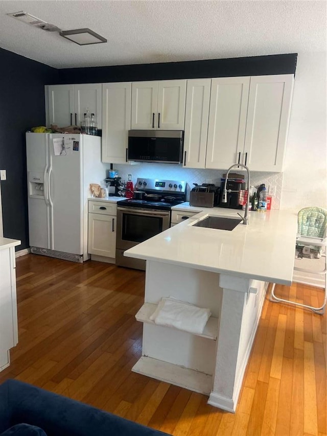 116 Madeline Ct, Mcdonough, GA 30253 - kitchen with stainless steel appliances, a sink, a peninsula, light wood finished floors, and a textured ceiling