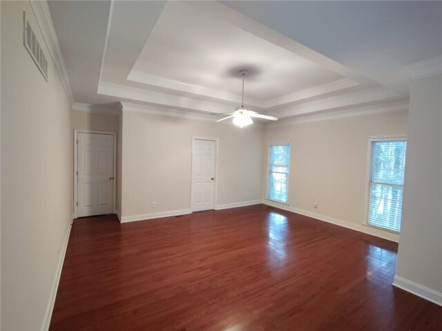 spare room with a raised ceiling, visible vents, a wealth of natural light, and dark wood-type flooring