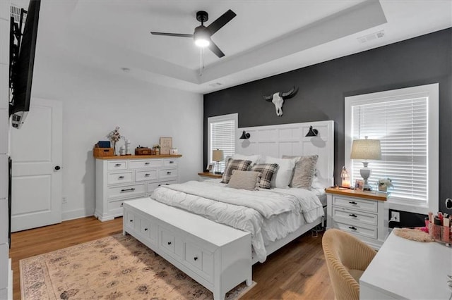 3088 Hiram Sudie Rd, Hiram, GA 30141 - bedroom with a tray ceiling, light wood finished floors, and a ceiling fan