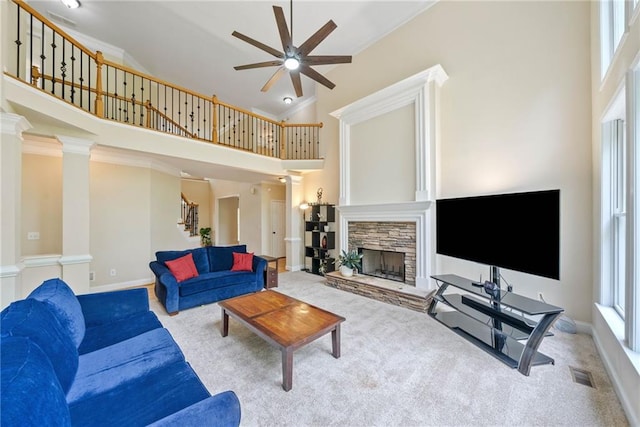 420 Big Bend Trl, Sugar Hill, GA 30518 - living room featuring carpet, stairs, a ceiling fan, high vaulted ceiling, and a fireplace
