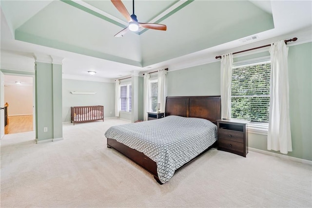 420 Big Bend Trl, Sugar Hill, GA 30518 - carpeted bedroom featuring a raised ceiling, a ceiling fan, baseboards, and crown molding