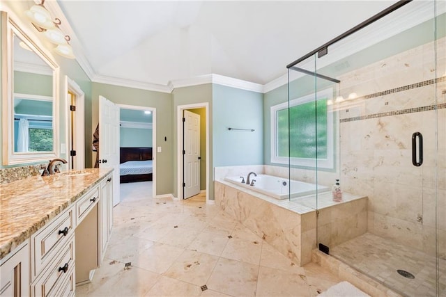 420 Big Bend Trl, Sugar Hill, GA 30518 - ensuite bathroom with a garden tub, a shower stall, vanity, crown molding, and vaulted ceiling