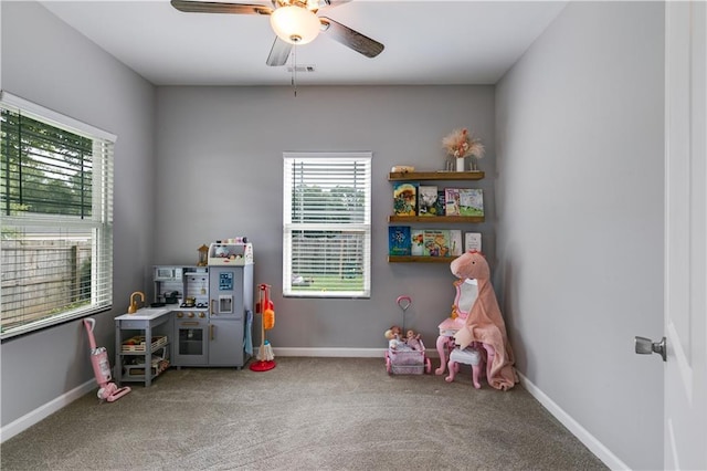 110 Chalfont Cir, Carrollton, GA 30117 - rec room featuring carpet flooring, ceiling fan, and baseboards