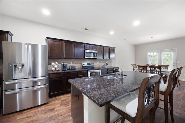 kitchen featuring stainless steel appliances, sink, pendant lighting, hardwood / wood-style flooring, and a center island with sink