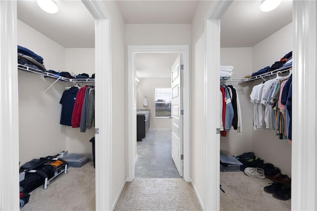 walk in closet with light carpet