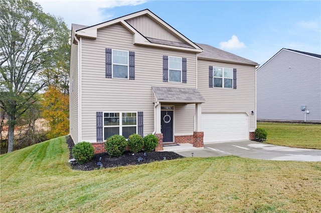 view of front of property featuring a garage and a front lawn