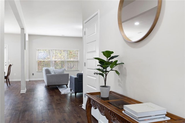 sitting room with dark hardwood / wood-style flooring