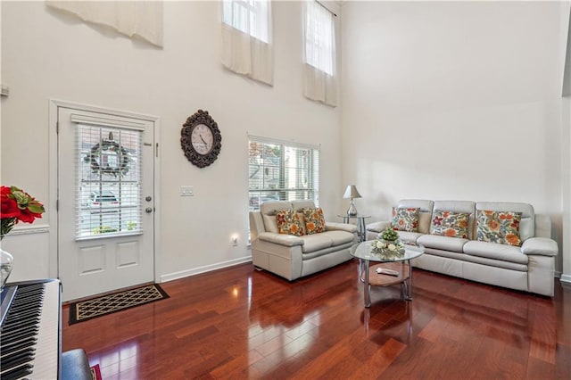 living room featuring hardwood / wood-style floors and a towering ceiling