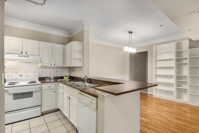 kitchen with sink, white cabinets, white appliances, and kitchen peninsula