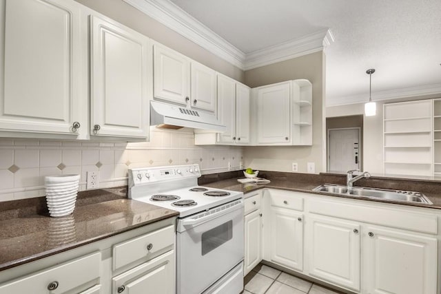 kitchen featuring crown molding, white cabinets, light tile patterned floors, and white range with electric stovetop