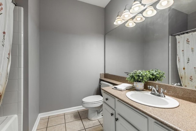 full bathroom with tile patterned flooring, vanity, shower / bath combo, and toilet